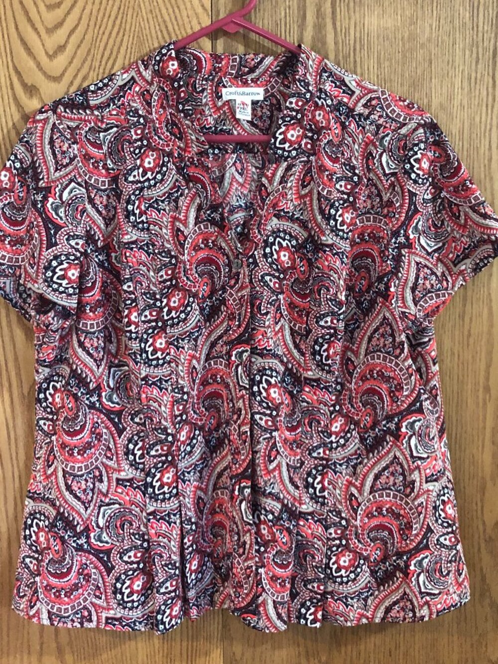 Red Paisley Petite PXL Button Up Office Blouse Short Sleeve Work Pleated Front